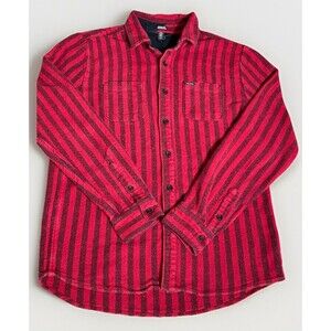 Volcom Heavy Weave Cotton Button Down Men's Medium Shirt Long Sleeve Red Striped